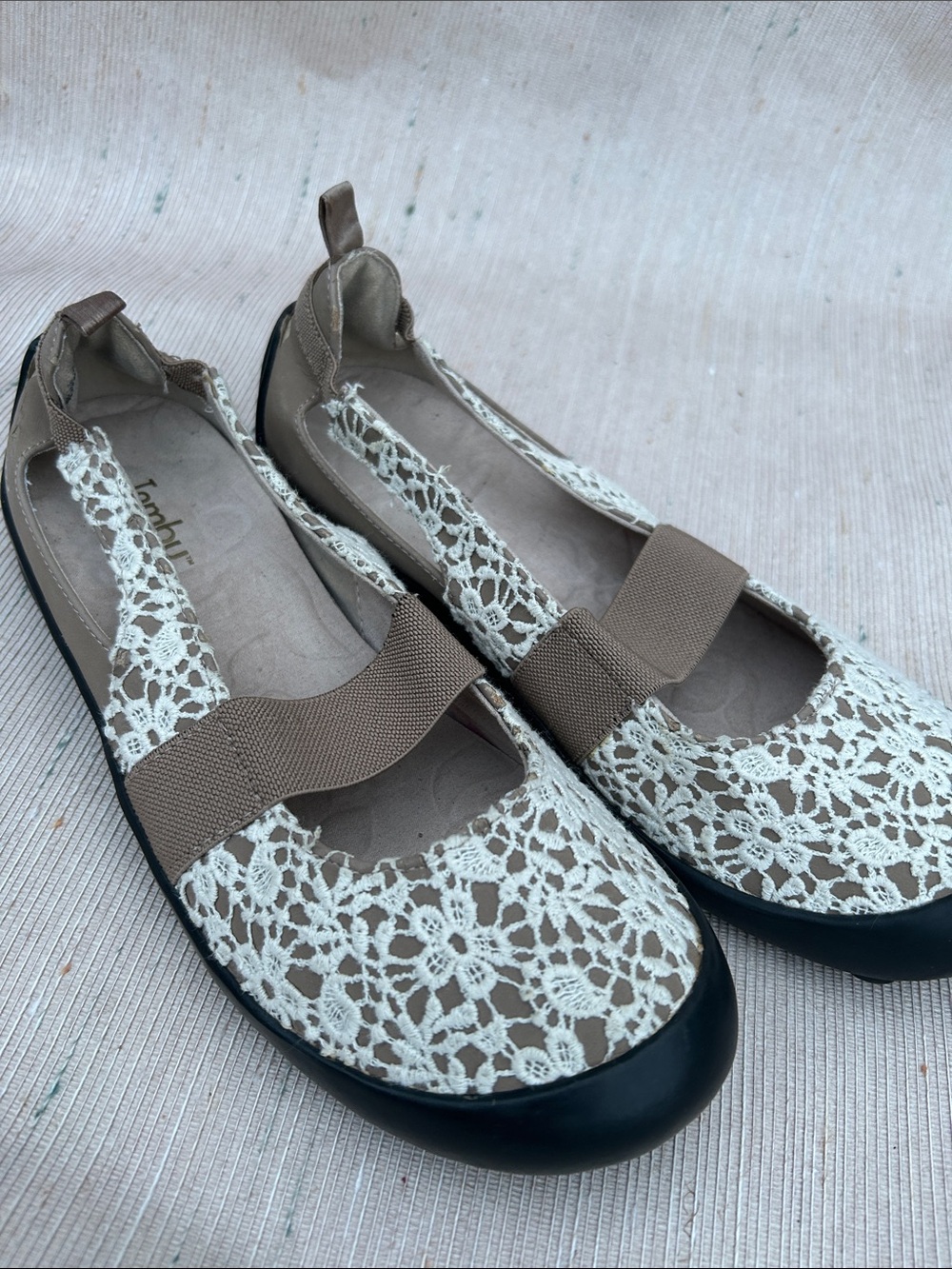 Jambu Taupe and Cream Crochet Mary Jane Flats NWOT